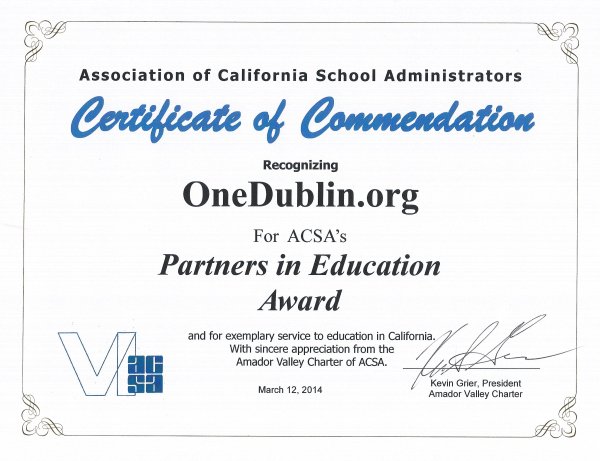 Association of California School Administrators Recognition 2014 Partners in Education Award