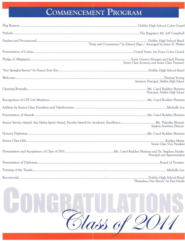 Dublin High School Class of 2011 Commencement Ceremony Program