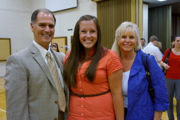 Superintendent Dr. Stephen Hanke with Crystal Apple Award Winner Kelly Beck and Principal Carol Shimizu