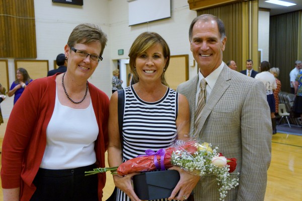 Valley High School Principal Rinda Bartley with Crystal Apple Award Winner Laurie Sargent and Superintendent Dr. Stephen Hanke
