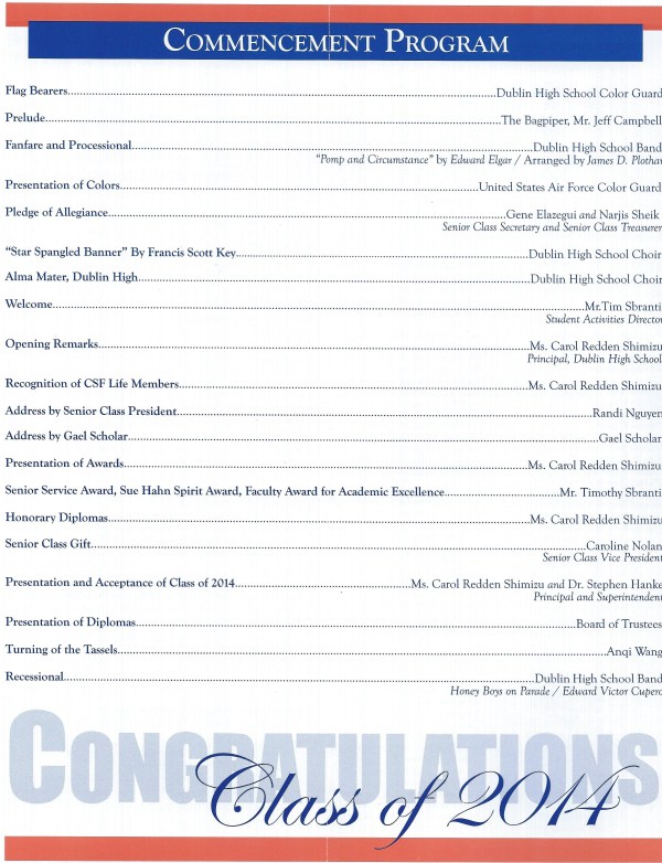 Dublin High School Class of 2014 Commencement Ceremony Program.